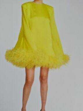 Yellow High-Low Feather Trim Mini Dress
